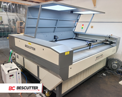 ALL SYSTEM INCLUDED BESCUTTER FABRIC CUTTING EXPERT 71''X39'' CO2 LASER CUTTER & ENGRAVER UP TO 150W WITH CAMERA POSITIONING, CONVEYOR BELT AND EDGE AUTO-DETECTING FEEDER - BesCutter Laser Cutters and Engravers