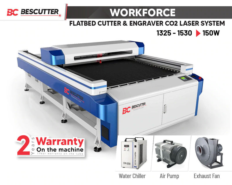 ALL SYSTEM INCLUDED BESCUTTER WORKFORCE 1325 - 1530 | 150W | CO2 LASER CUTTER & ENGRAVER SYSTEM  DOUBLE WORK PLATFORM