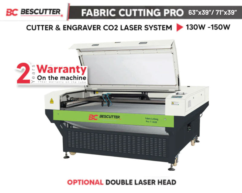 ALL SYSTEM INCLUDED BESCUTTER FABRIC PRO 63''X39'' - 71''X39'' | 130 - 150W | CO2 LASER CUTTER & ENGRAVER | AVAILABLE DOUBLE HEAD, CONVEYOR BELT AND AUTO-FEEDER